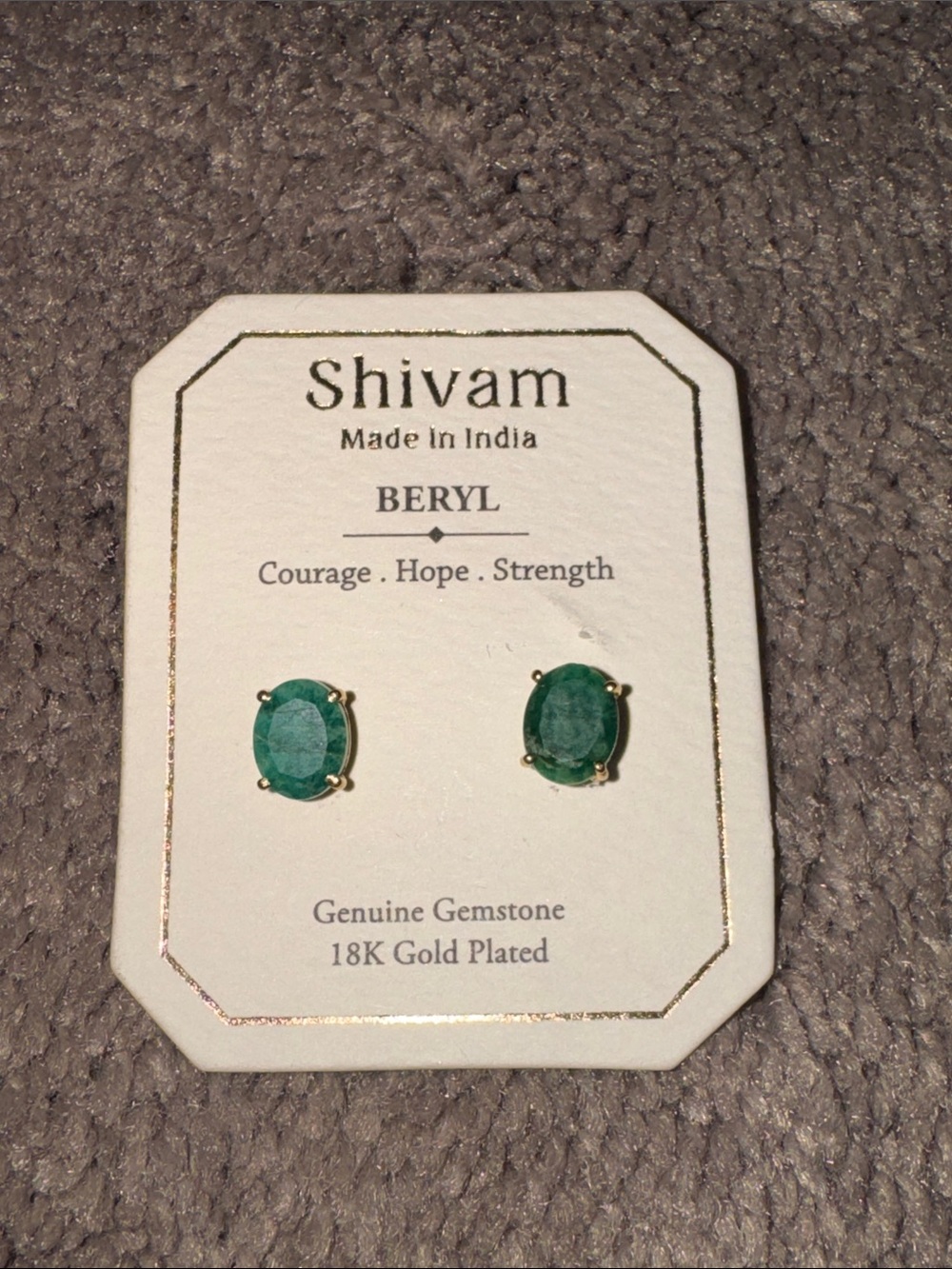 Shivam Beryl Genuine Gemstone 18K Gold Plated Stud Earrings Made In India